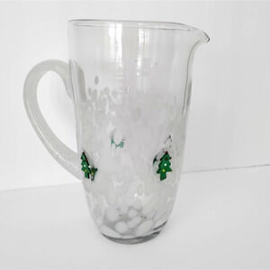 Anthropologie FESTIVE Tree Icon Glass Pitcher White Snowy Hand Blown Beaded NWT